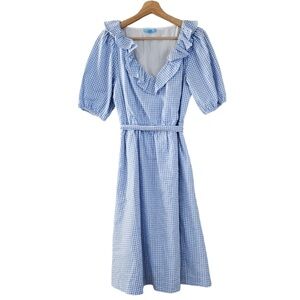 DRAPER JAMES RSVP Puff Sleeve Blue Gingham Checkered Ruffle V-Neck Dress - XS